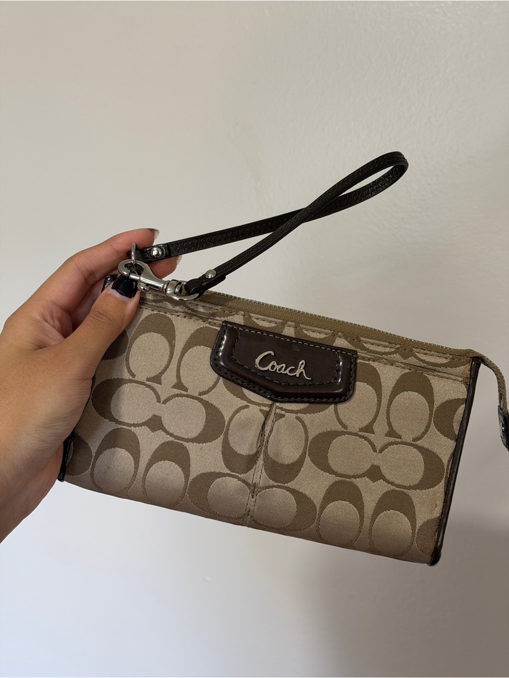 Coach Khaki & Chocolate Signature Canvas Wristlet